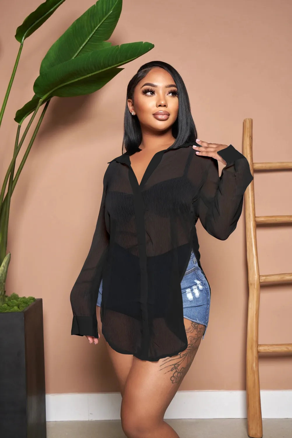 Solid Color Sexy See Through Single-breasted Lapel Slits Chiffon Shirt