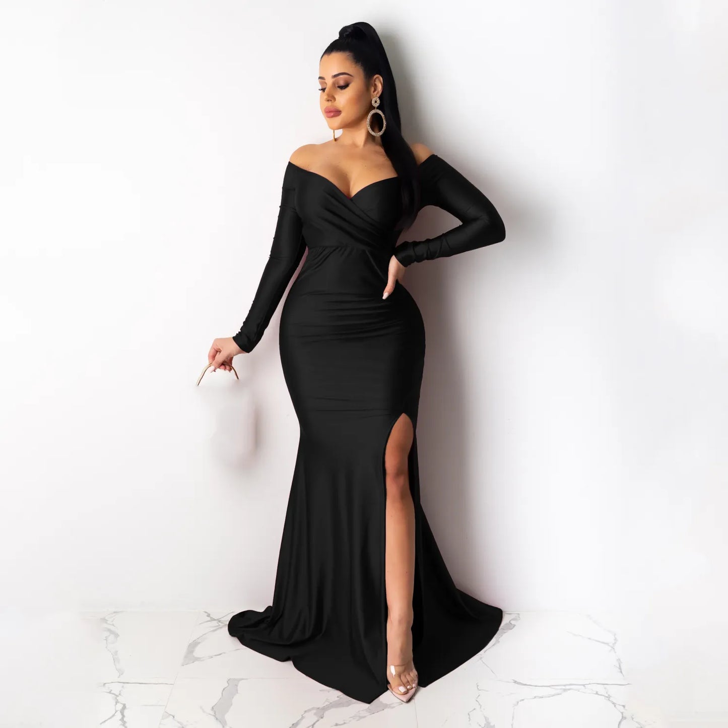Solid Color Off Shoulder V Neck Split Evening Party Dresses