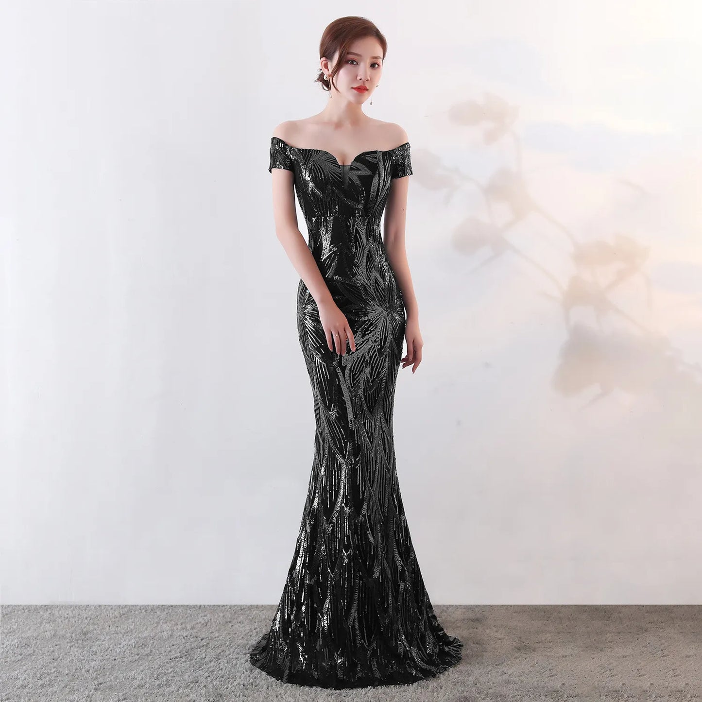 Sequins Off Shoulder Long Evening Dress Women Floor Length Mermaid Maxi Dress Long Prom