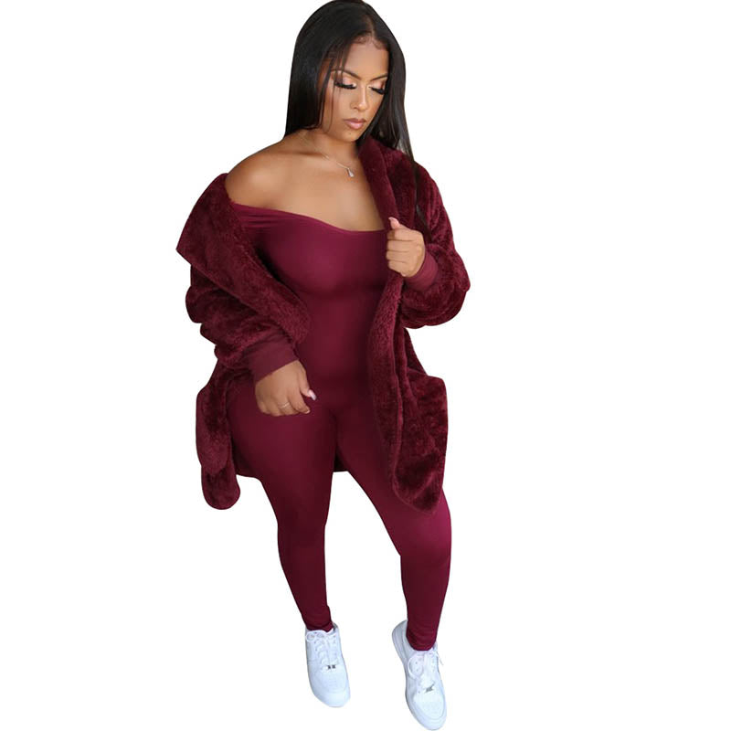 FAUX-FLEECE LONG SLEEVE POCKET HOODED COAT