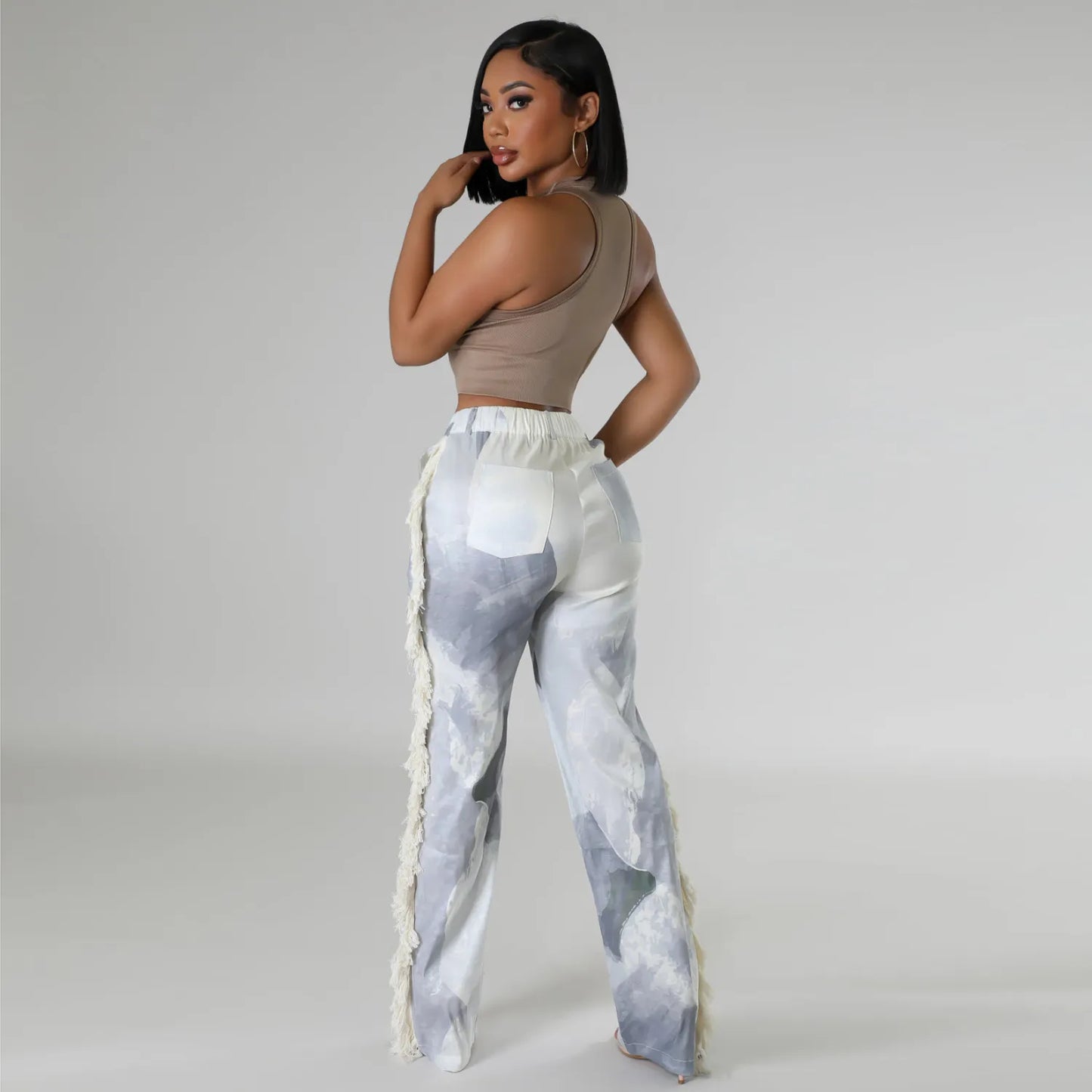 Women's Fashion Printed Tassel Straight Casual Pants Ladies Trousers