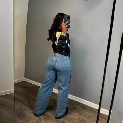 Street Trendy Cotton Denim Loose Straight Jeans