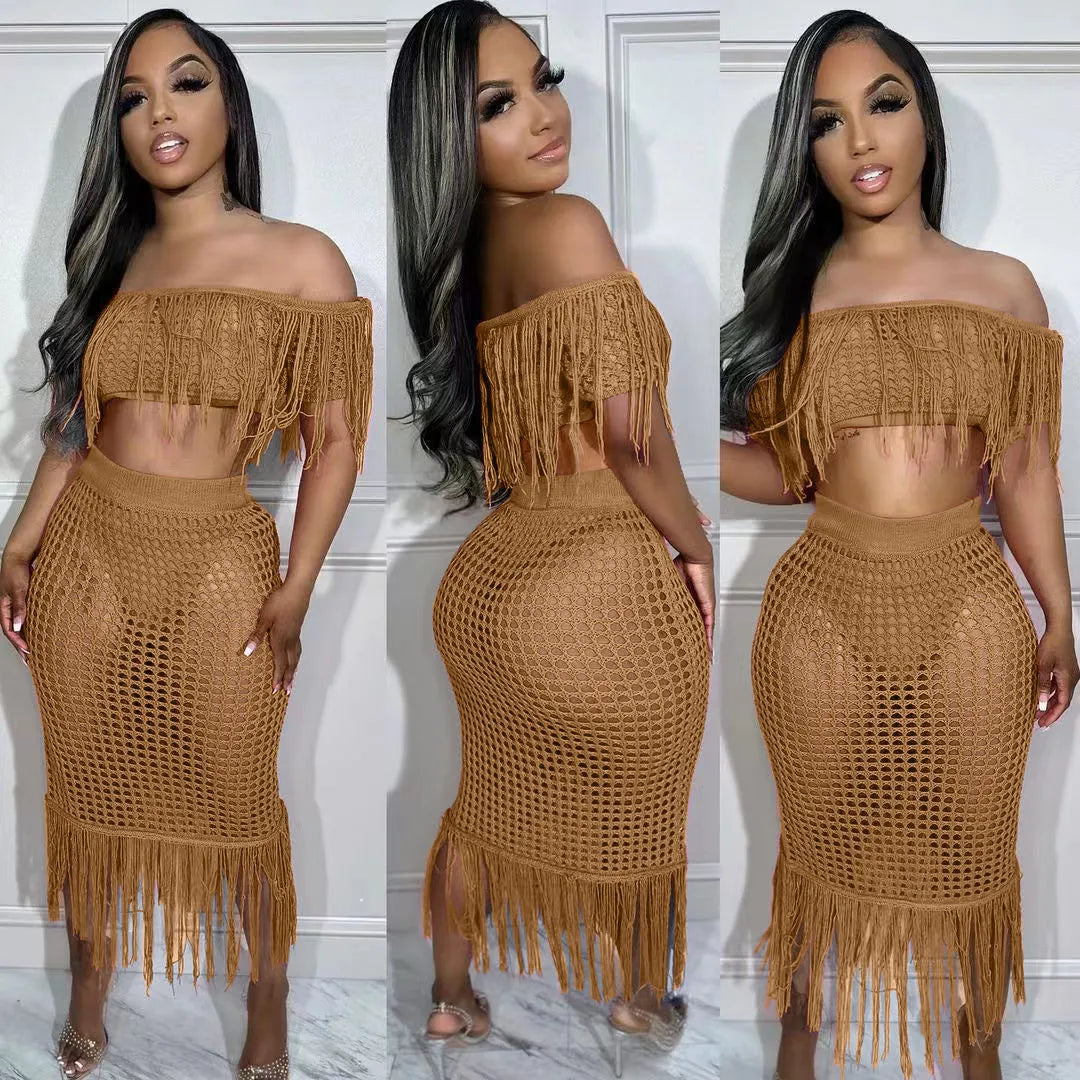 SEXY PERSPECTIVE KNITTED HOOK TASSEL OFF SHOULDER BEACH SUIT