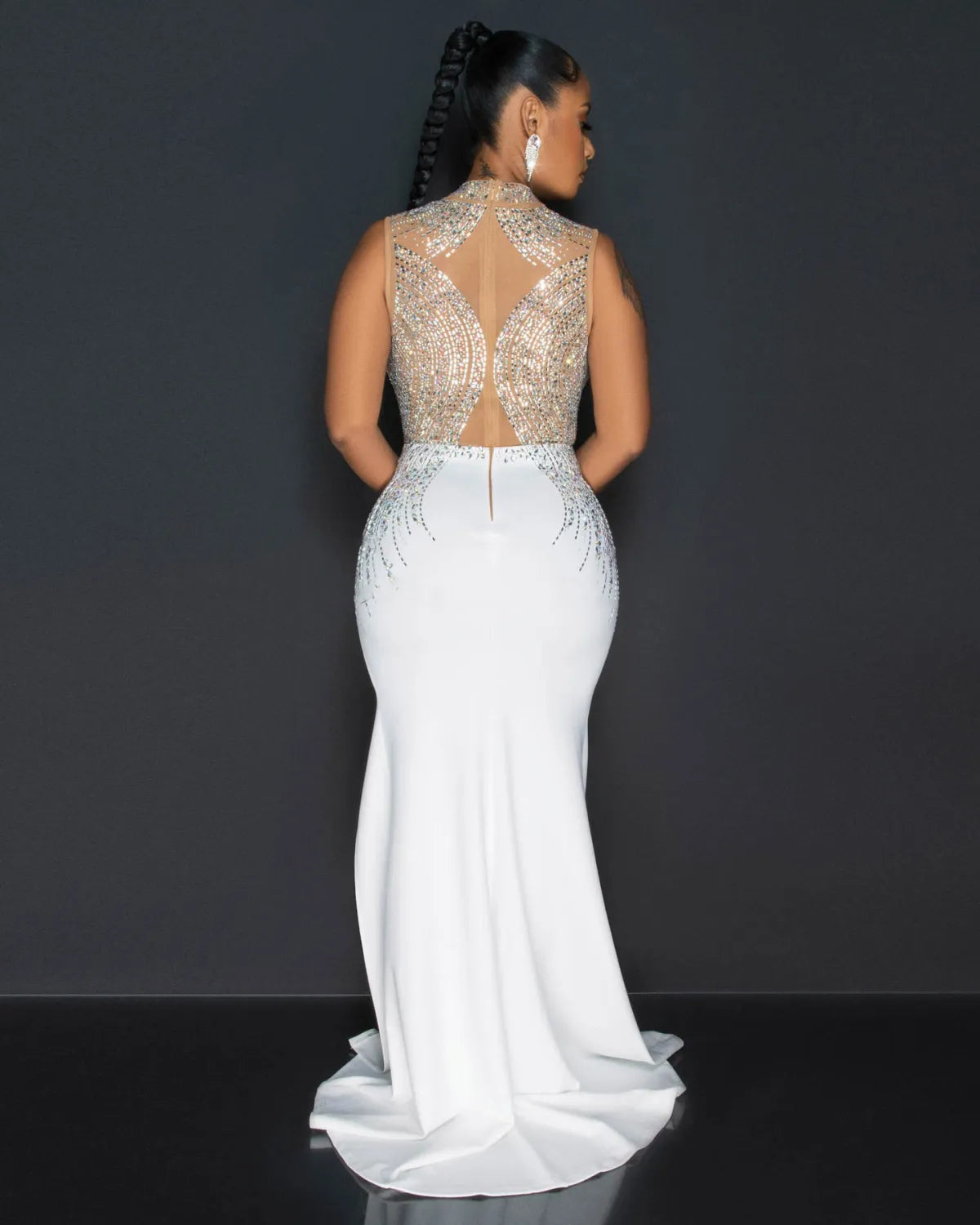 Sexy Party Elegant Formal Patchwork Slit Mesh Hot Drill Half A Turtleneck Asymmetrical Dresses