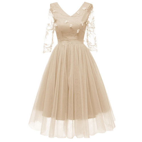 Women's V Neck Lace Sleeve Vintage Floral Dress