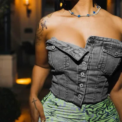 Denim Elastic Wrapped Bust Button-up Top