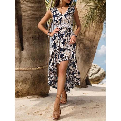 2024 Summer Lace Splicing V-neck Printed Irregular Club Dress