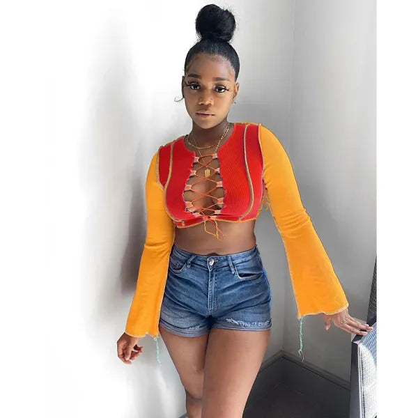 Sexy Contrast Color Stitching Pit Lace-up Crop Top