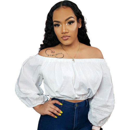 Solid Color Lace Sleeve Off Shoulder Top