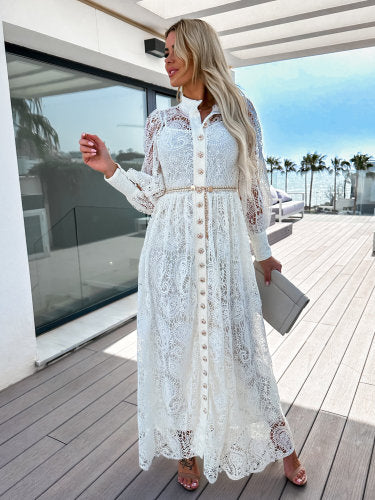 Lace Hollow Versatile Casual Lace Up Commuter INS Style Long Shirt Dress
