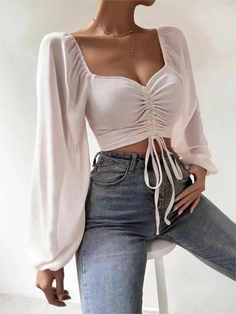 Pit Stitching Chiffon Drawstring Balloon Sleeves Fashion Crop Tops