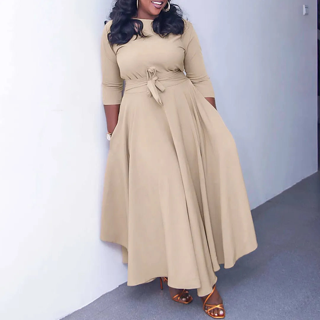 CASUAL AFRICAN ELEGANT LACE-UP LARGE SIZE LONG DRESS ROUND NECK DRESS