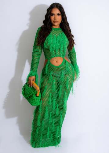 Summer Long Skirt Tassel Knit Casual Hollow Sequin Beach Dress