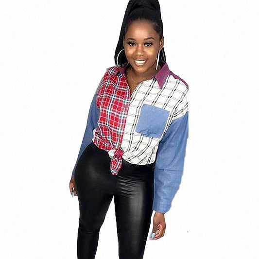 Colorblock Lapels Knotted Cardigan Shirt