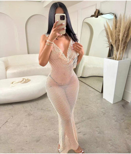 Sexy Mesh Halter Backless Cross-border Hollow Long Dresses