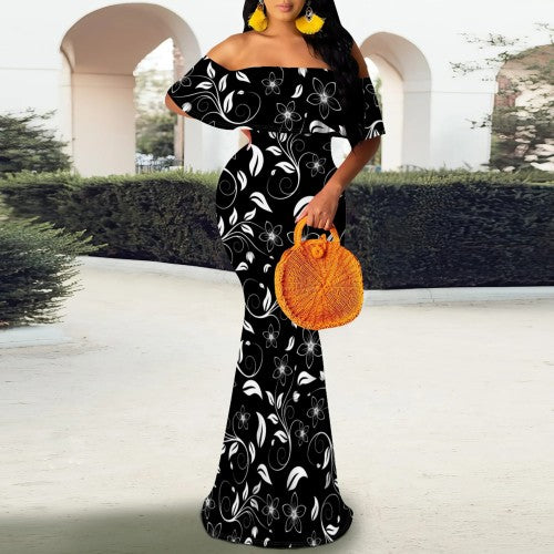 Casual Print Off Shoulder Maxi Dresses