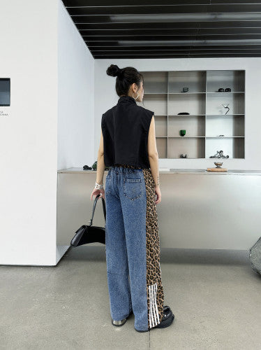 Casual Trousers Leopard Print Wide Leg Pants Splicing High Waist Jeans
