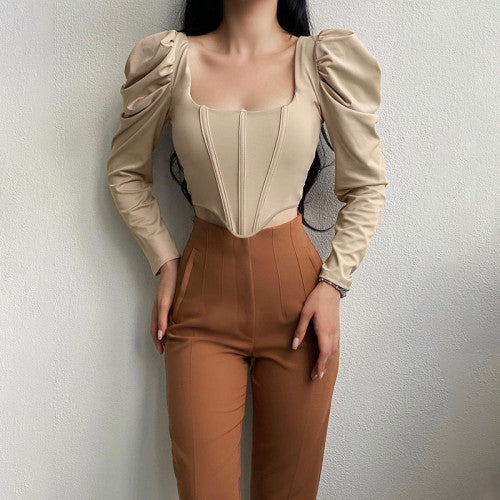 Retro Square Neck Puff Long Sleeve Herringbone Corset Crop Top