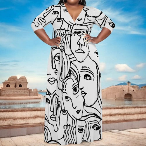 Casual Print V Neck Plus Size Maxi Dress