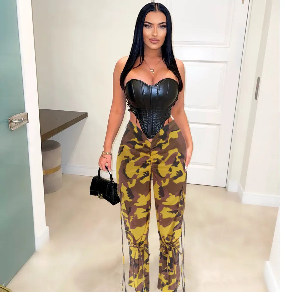 Camouflage Pattern Pleated Strings Pants
