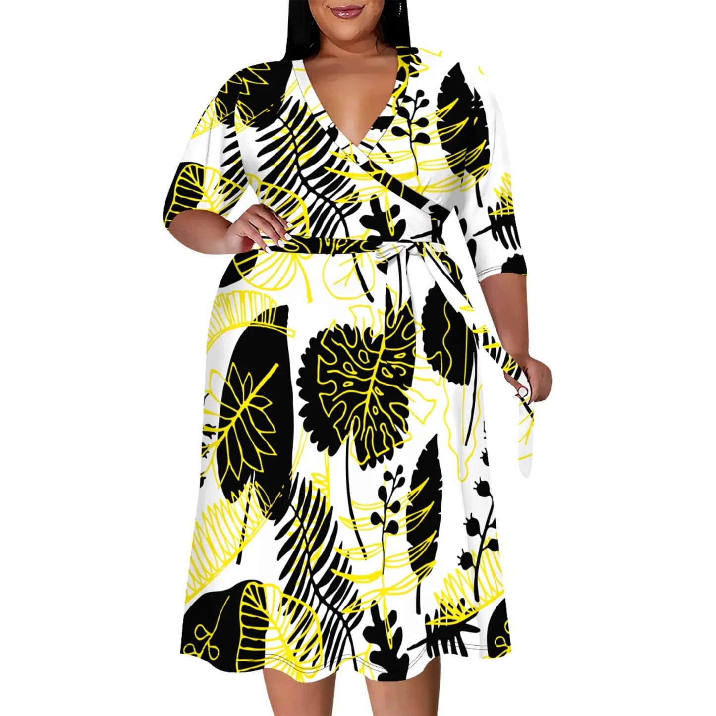 Custom Casual Print V Neck Plus Size Midi Dresses