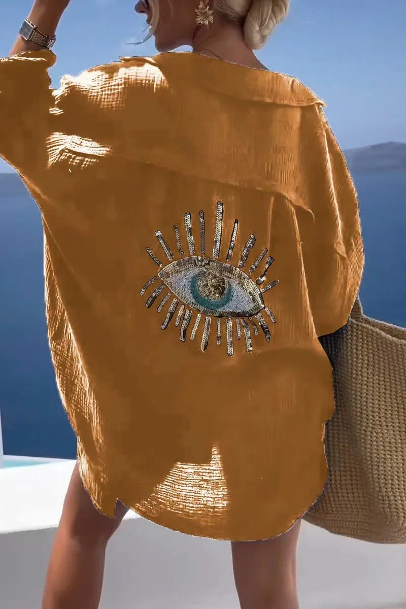 Women's Ladies Evil Eye Button Up Oversized Summer Tunic Shirt Tops