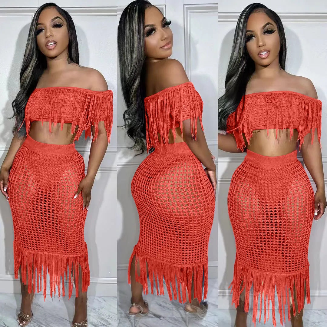 SEXY PERSPECTIVE KNITTED HOOK TASSEL OFF SHOULDER BEACH SUIT