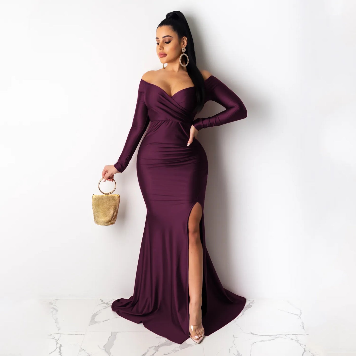 Solid Color Off Shoulder V Neck Split Evening Party Dresses
