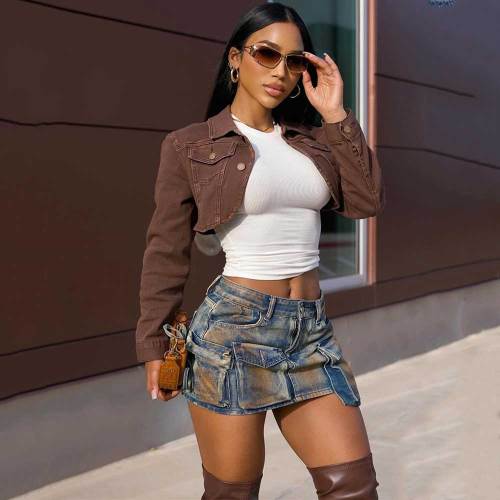Casual High-Elastic Multi-Pocket Workwear Washed Denim Skirt