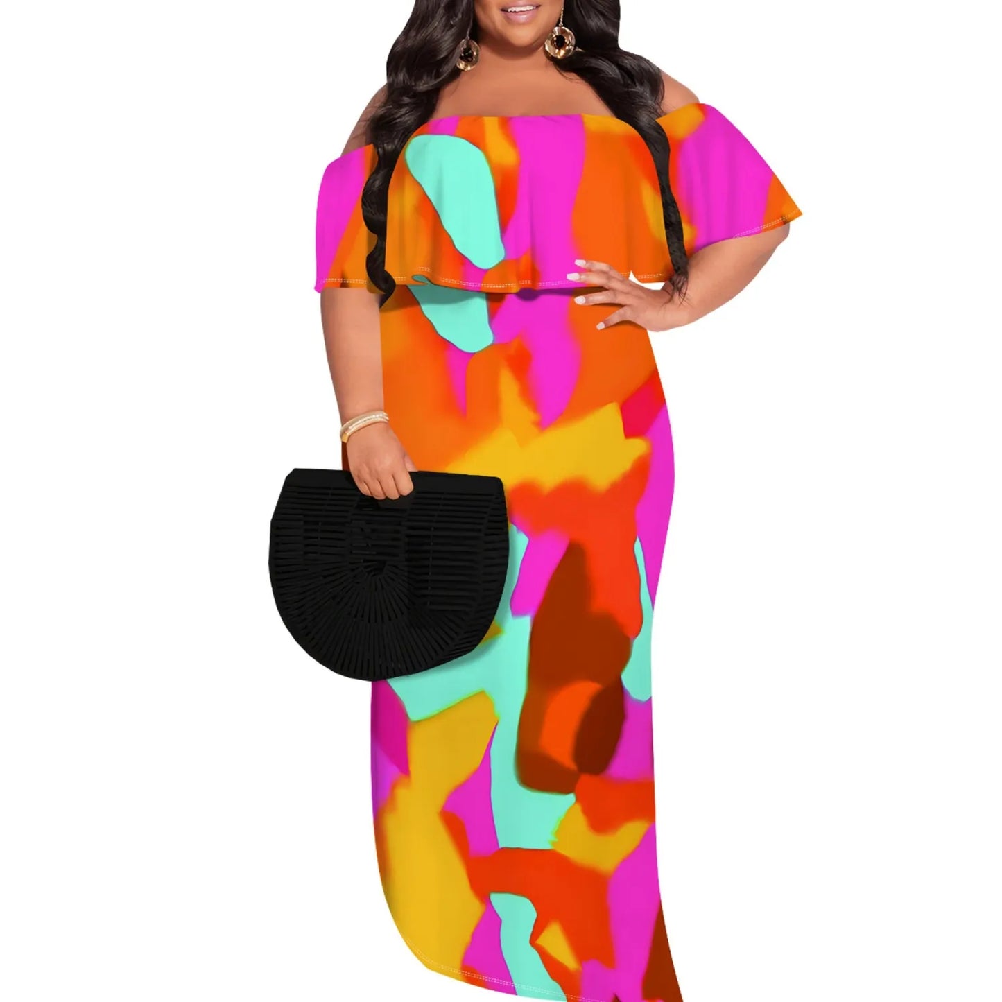 Casual Print Off Shoulder Plus Size Maxi Dress