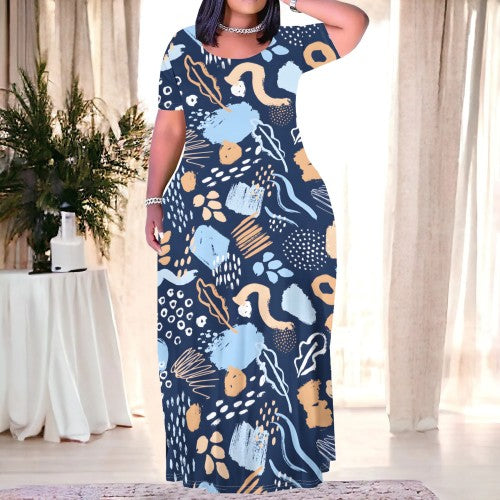 Casual Print Short Sleeve Plus Size Maxi Dresses
