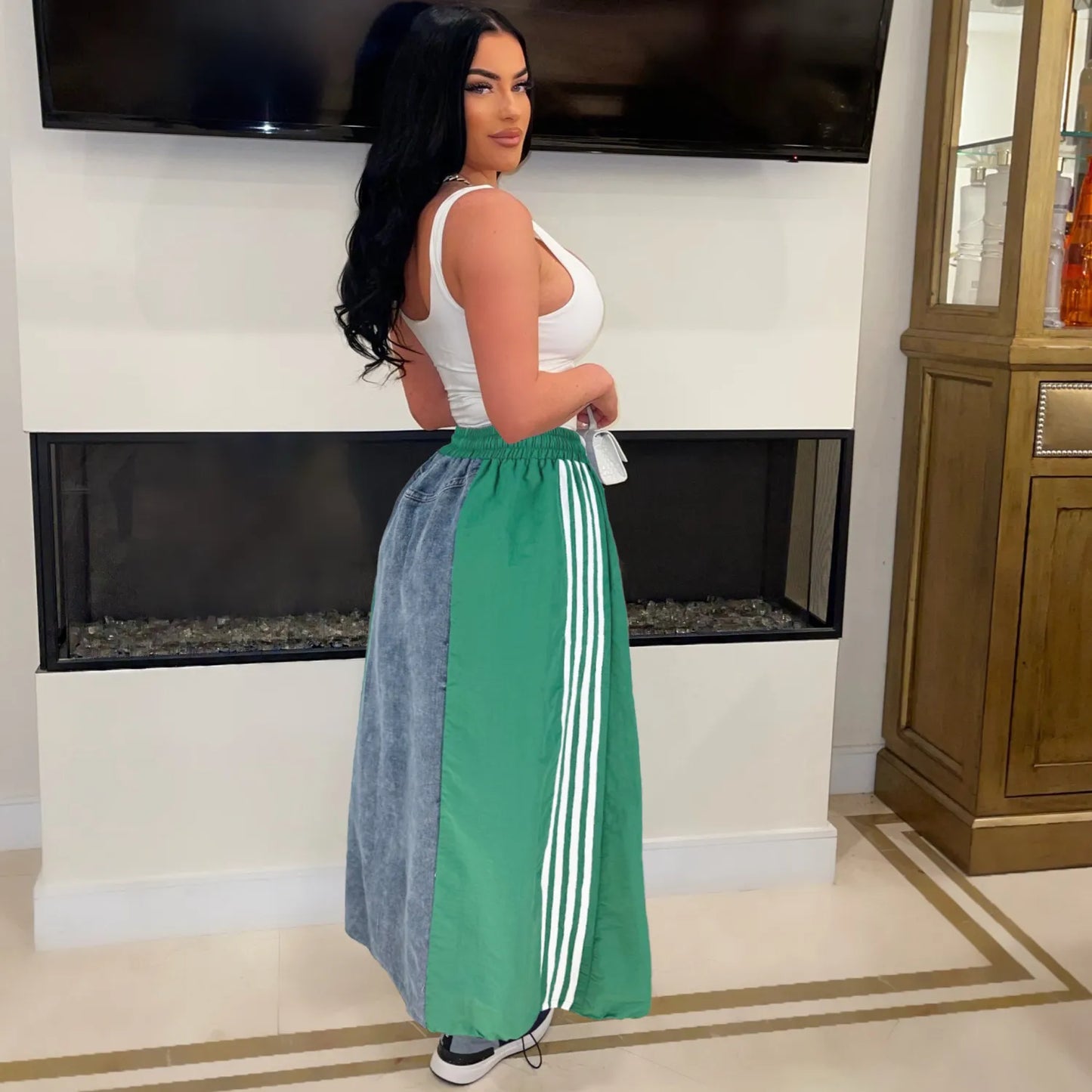 Retro Denim Patchwork Stripes A-Line Loose Skirt
