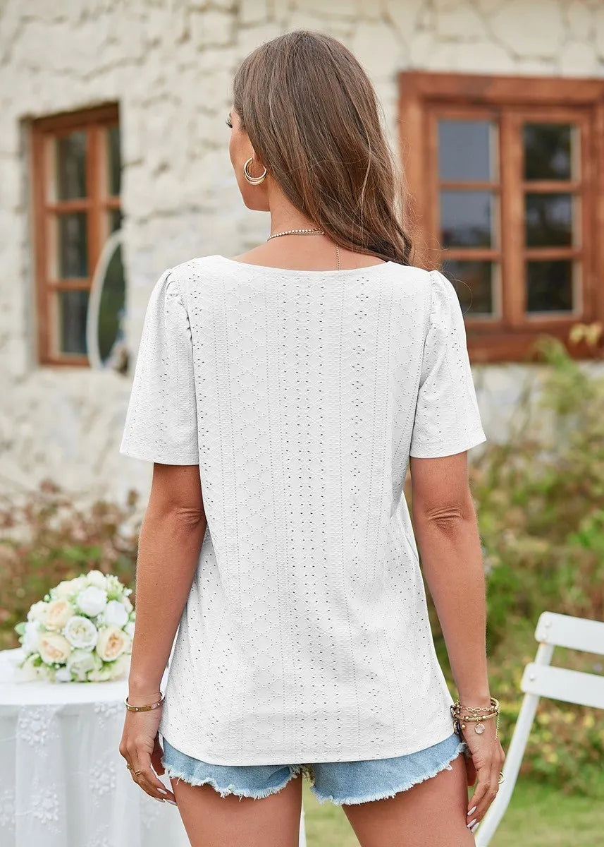 Square Collar T-shirt Hole Short Sleeve Casual Tops