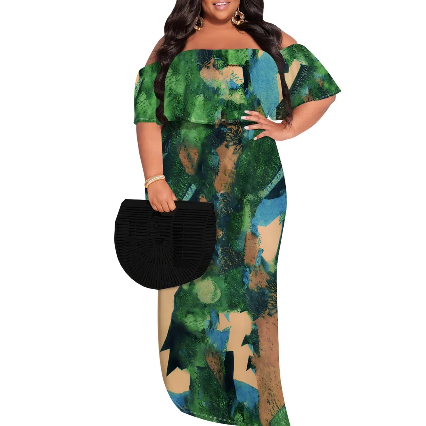 Casual Print Off Shoulder Plus Size Maxi Dress