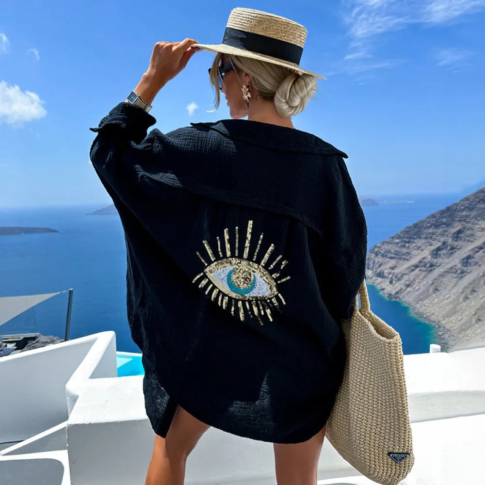 Women's Ladies Evil Eye Button Up Oversized Summer Tunic Shirt Tops