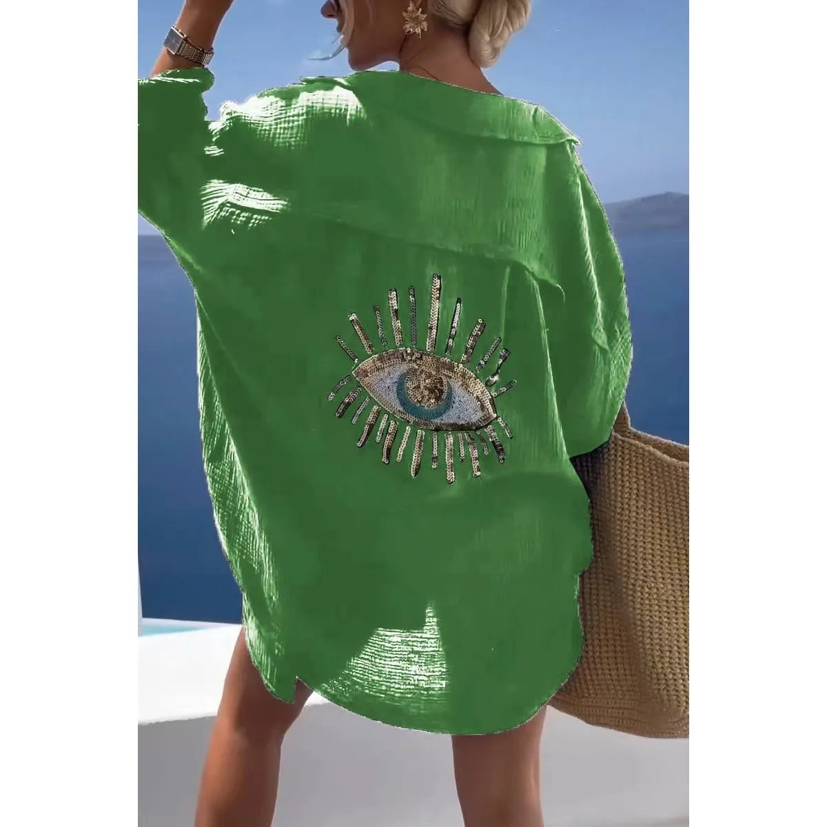 Women's Ladies Evil Eye Button Up Oversized Summer Tunic Shirt Tops