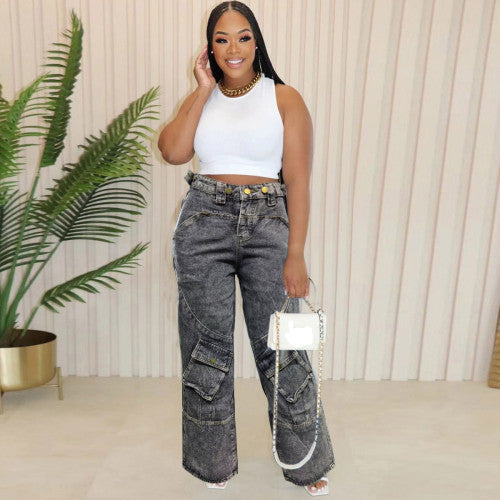 Casual Solid Patchwork Pocket High Waist Straight Denim Jeans