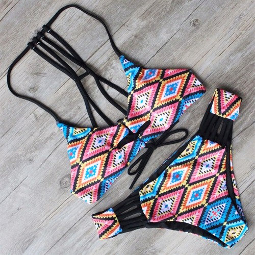 Fashionable Printed Vintage Low-waisted Straps Bikini 2 Piece