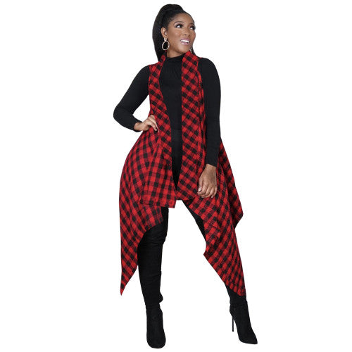 Casual Royal Blue Plaid Print Sleeveless Irregular Long Vest Coat