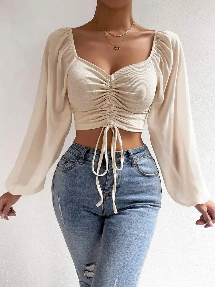 Pit Stitching Chiffon Drawstring Balloon Sleeves Fashion Crop Tops