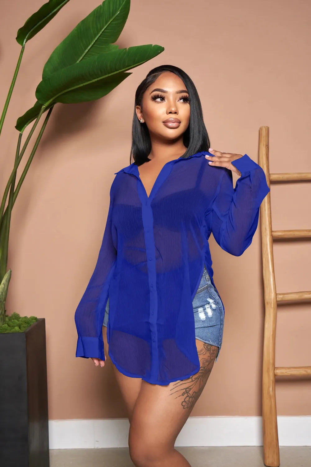 Solid Color Sexy See Through Single-breasted Lapel Slits Chiffon Shirt