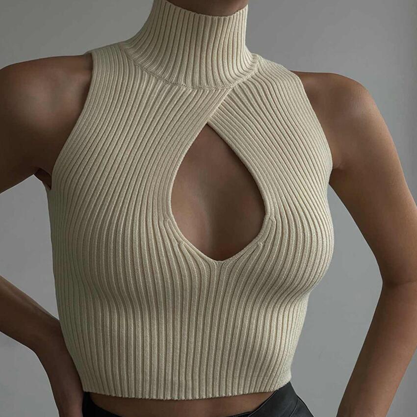Women Sexy High Collar Hollow Sleeveless Top