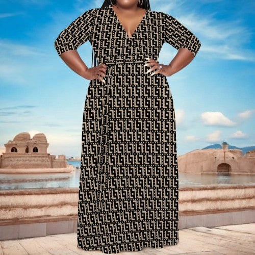 Casual Print V Neck Plus Size Maxi Dress