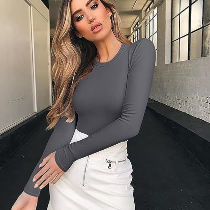 Solid Color Women Blouse Casual Round Neck Long Sleeve Tee