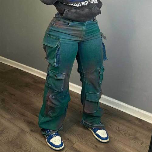 Stretch Multi-pocket Spray-colored Denim Straight Overalls