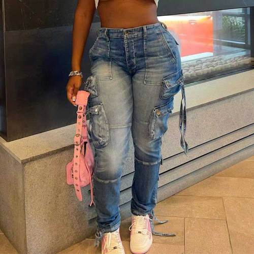 Washed Distressed Retro Low-Rise Zipper Cargo Stretch Jeans