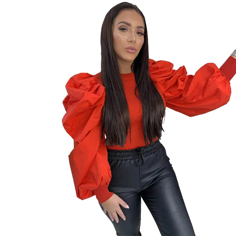 Solid Color Stitching Puff Sleeve Top