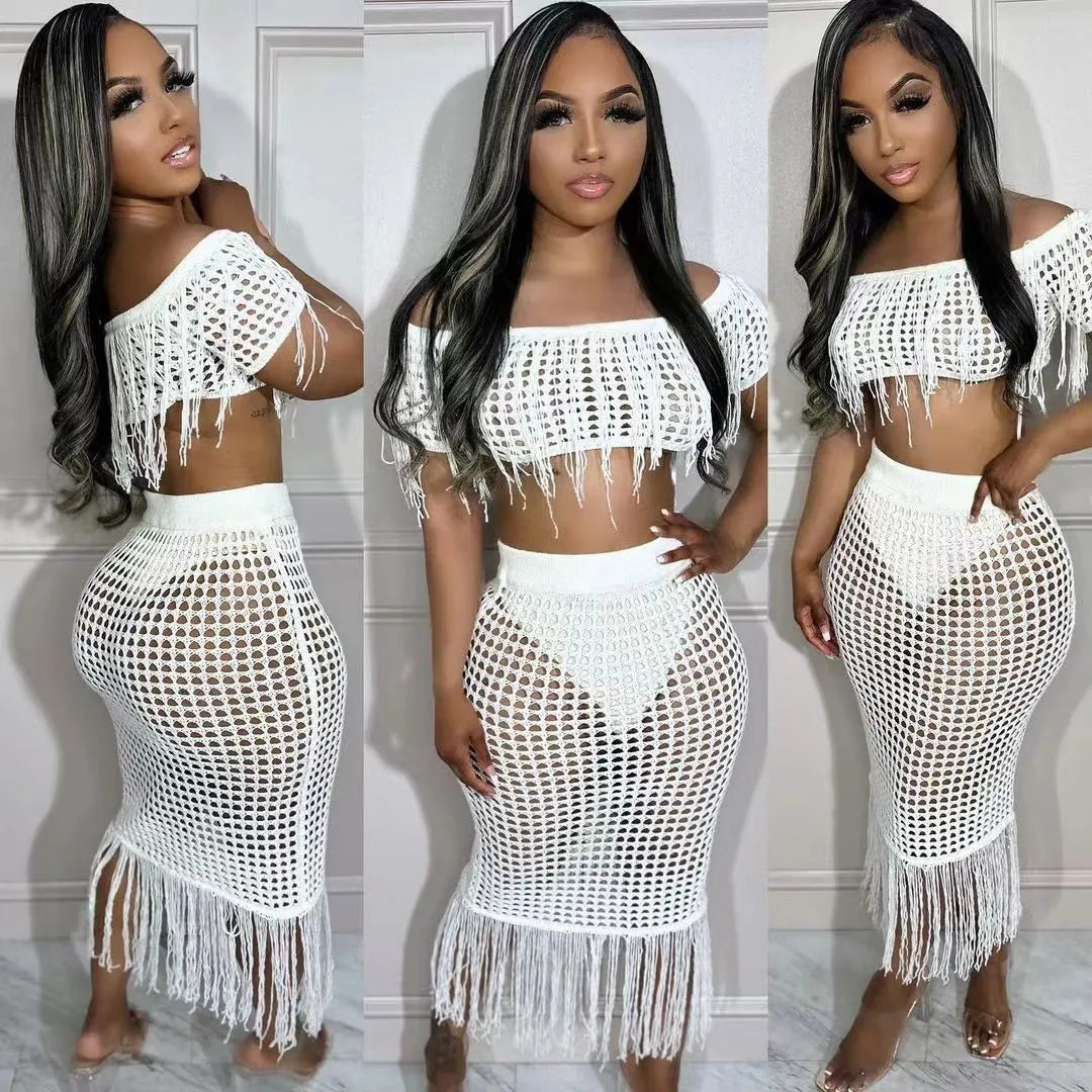 SEXY PERSPECTIVE KNITTED HOOK TASSEL OFF SHOULDER BEACH SUIT