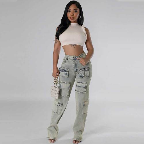 Washed Zipper Jeans Casual High Elastic Denim Trousers