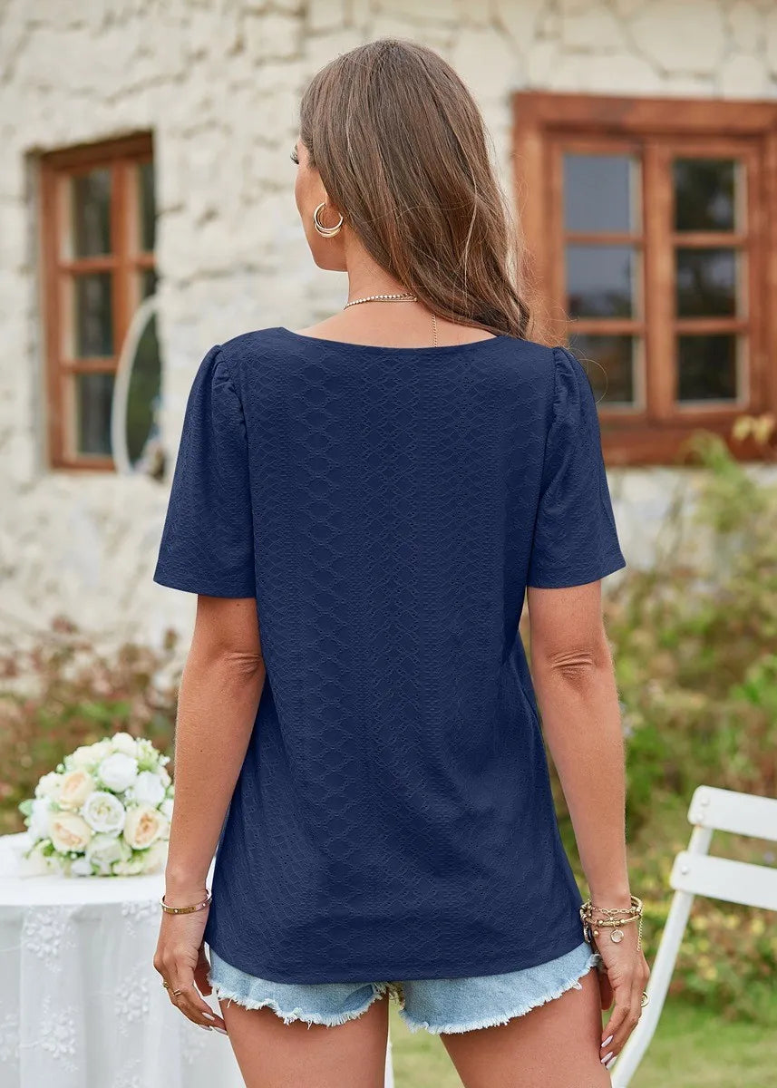 Square Collar T-shirt Hole Short Sleeve Casual Tops